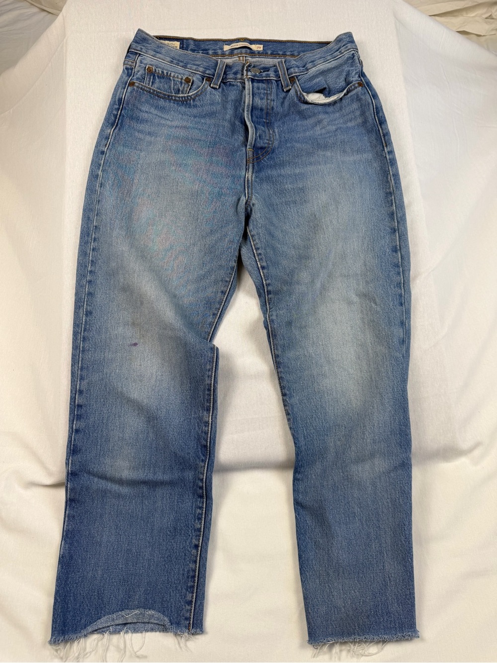 Levi’s Wedgie Straight Jeans 29 High Rise Raw Hem Distressed Blue Denim